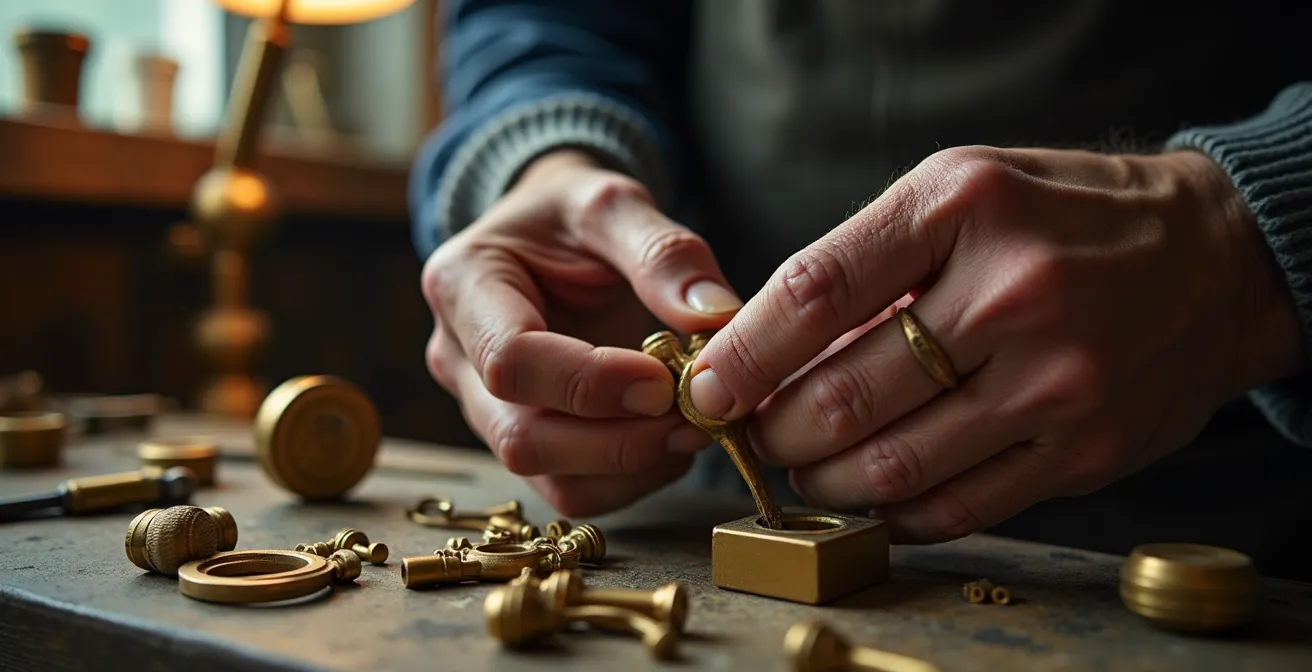 Gros plan sur les mains expertes d'un artisan assemblant des pièces mécaniques de Solex