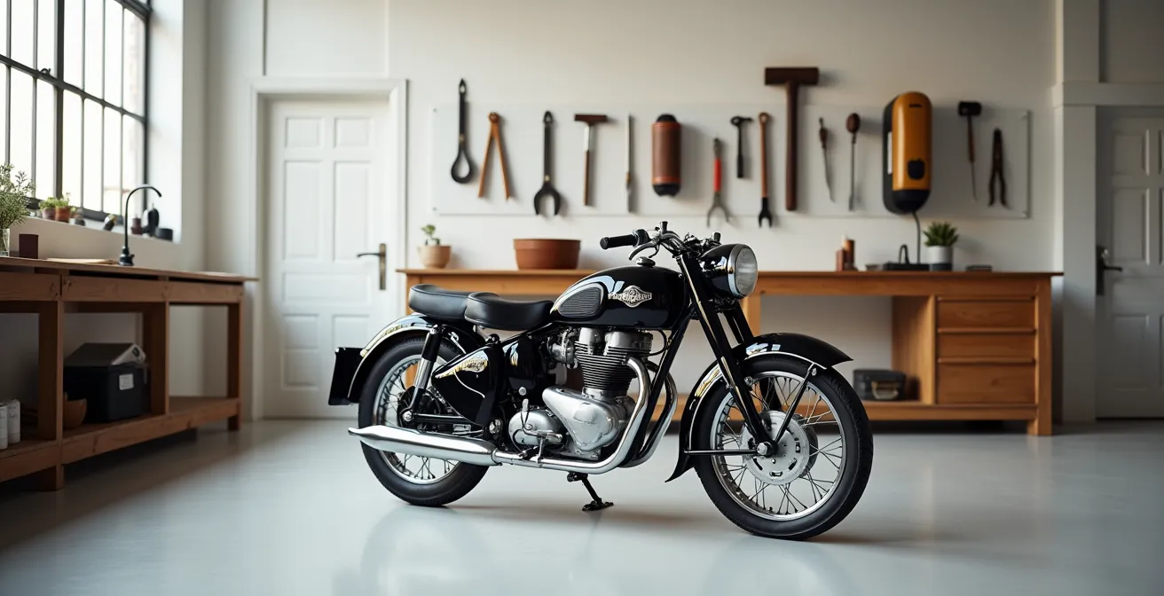 Solex vintage restauré dans un atelier épuré avec lumière naturelle traversante