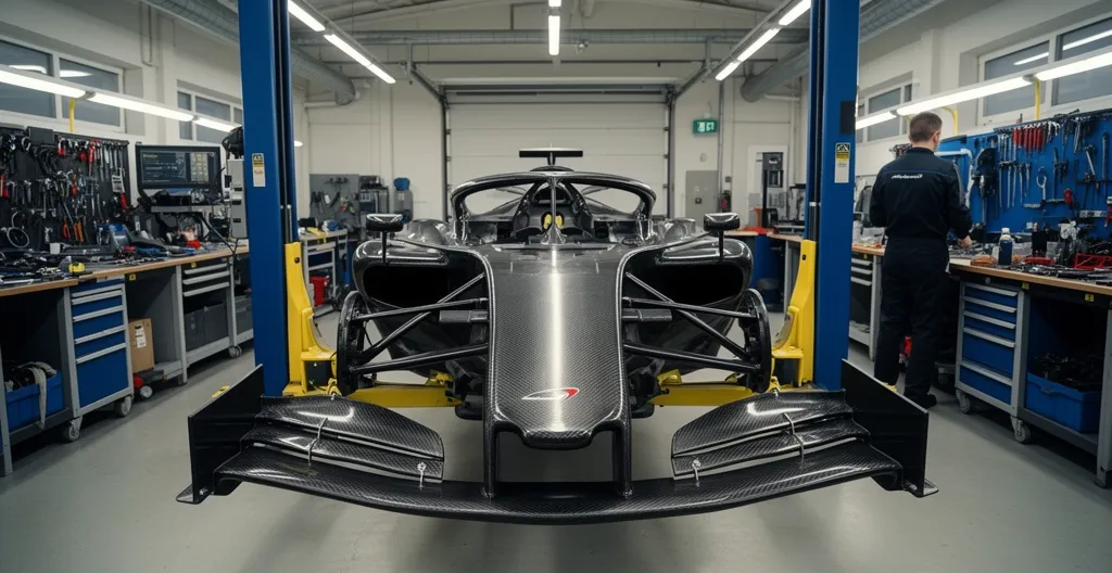 Châssis carbone monocoque McLaren sur pont élévateur dans atelier spécialisé