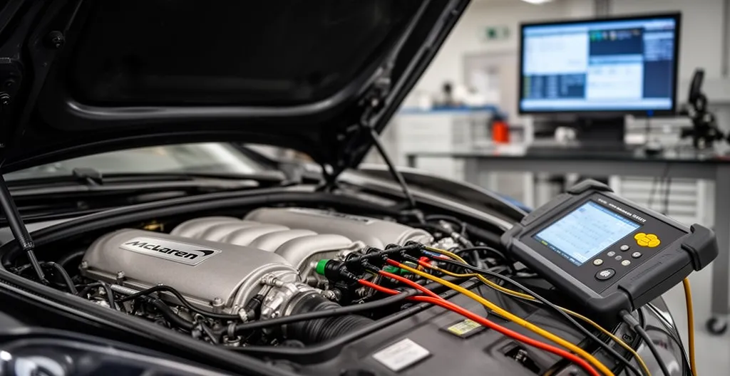 Compartiment moteur V8 biturbo McLaren ouvert avec équipement de diagnostic connecté