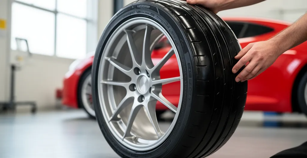 Gros plan modéré sur un pneu haute performance monté sur jante de supercar