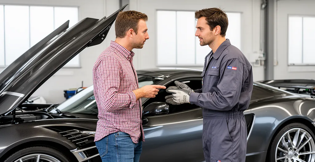 Propriétaire et technicien discutant devant une voiture de sport capot ouvert