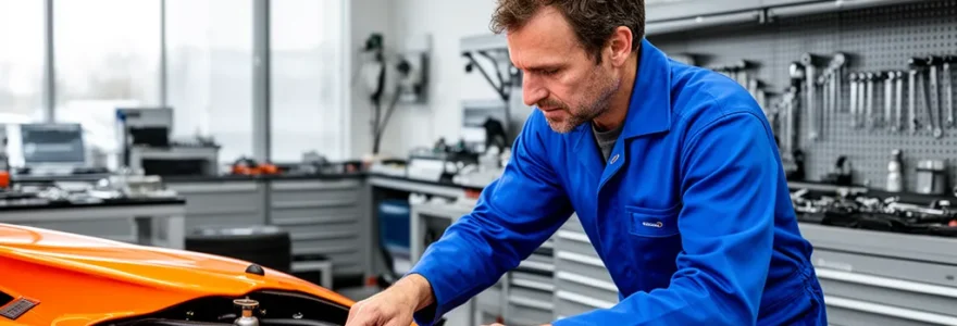 Technicien spécialisé inspectant le compartiment moteur d'une McLaren orange dans un atelier professionnel