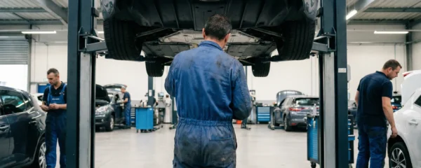 Technicien inspectant une supercar sur pont élévateur dans un atelier moderne