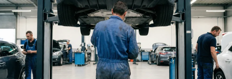 Technicien inspectant une supercar sur pont élévateur dans un atelier moderne